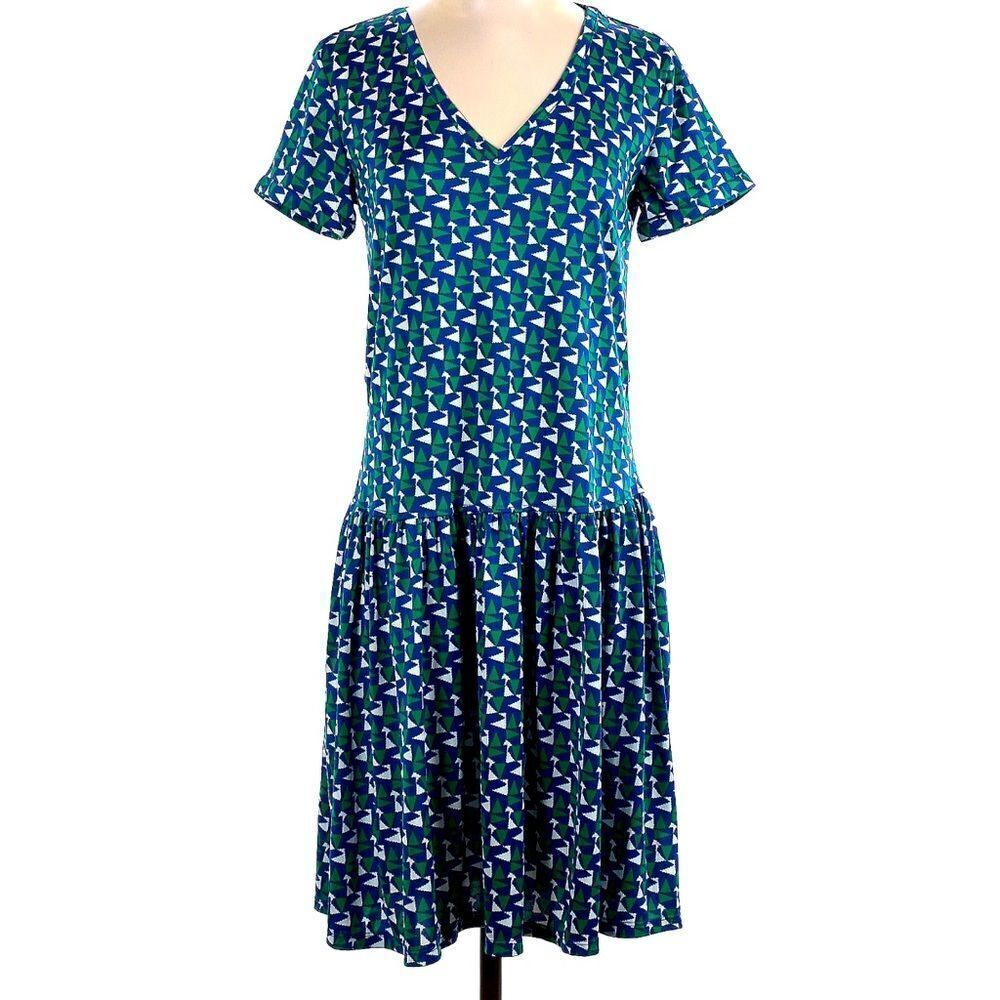 Duro Olowu Green Blue Geometric Pattern Drop Waist Retro Vibe V Neck Dress